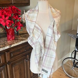 Softer Than Cashmere Off White Tan Muted Red Plaid Scarf Fringe